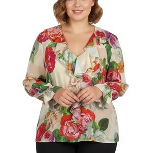 Melanie Lyne Floral Ruffle Chiffon Lined Long Sleeve Blouse Size 16 Pink Green